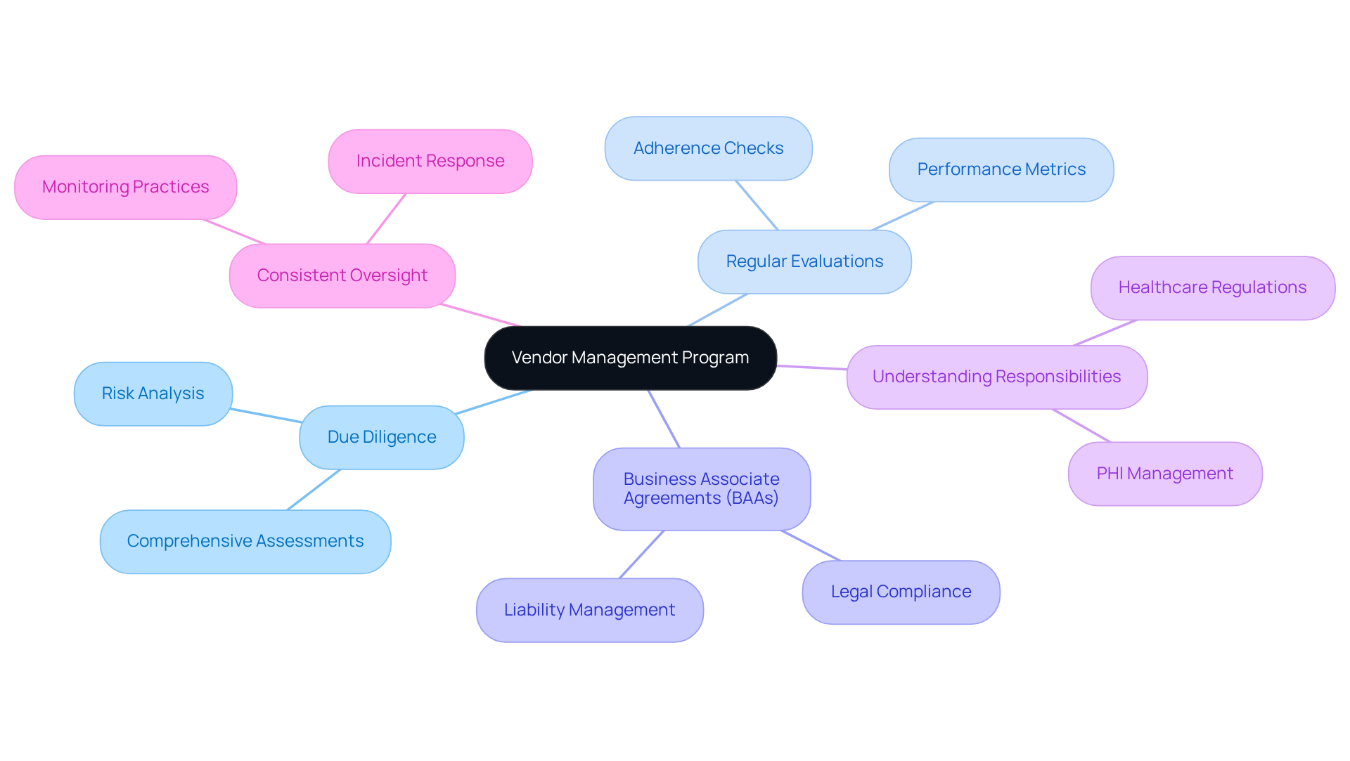 Start at the center with the vendor management program, then follow the branches to explore each key component that contributes to effective compliance management.
